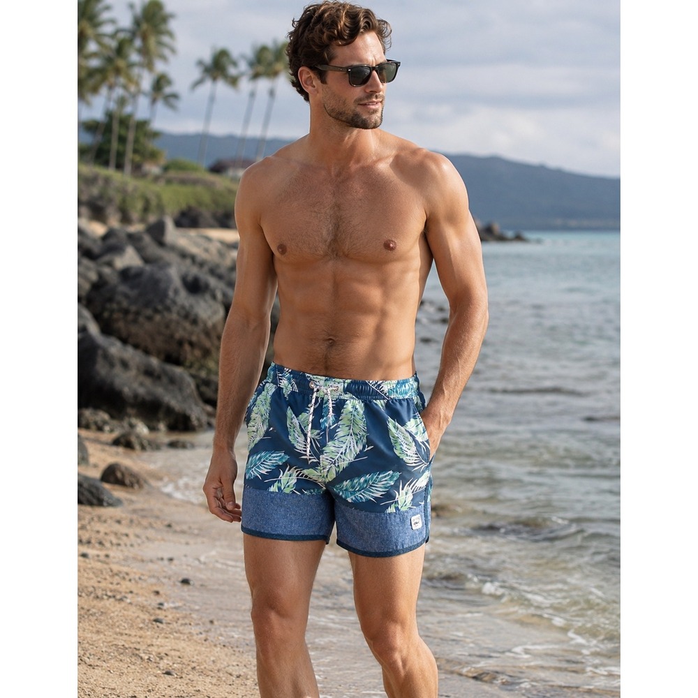 Spicy Tuna Mens XL Swim Trunks Blue Tropical Palm Leaf Mesh Lined Board Shorts